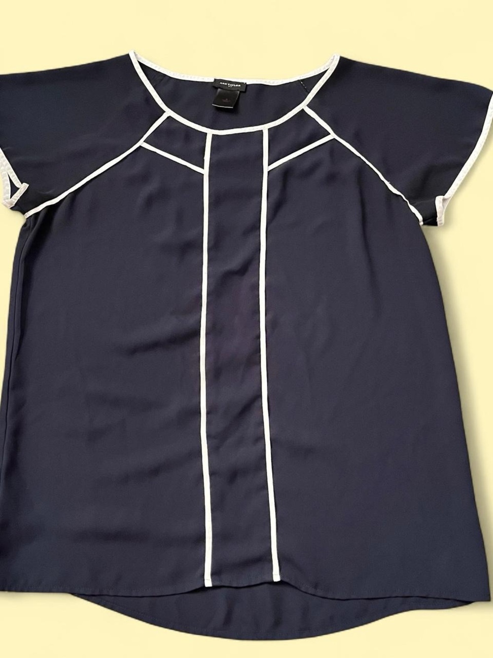 Ann Taylor Navy Blue Blouse with White Piping